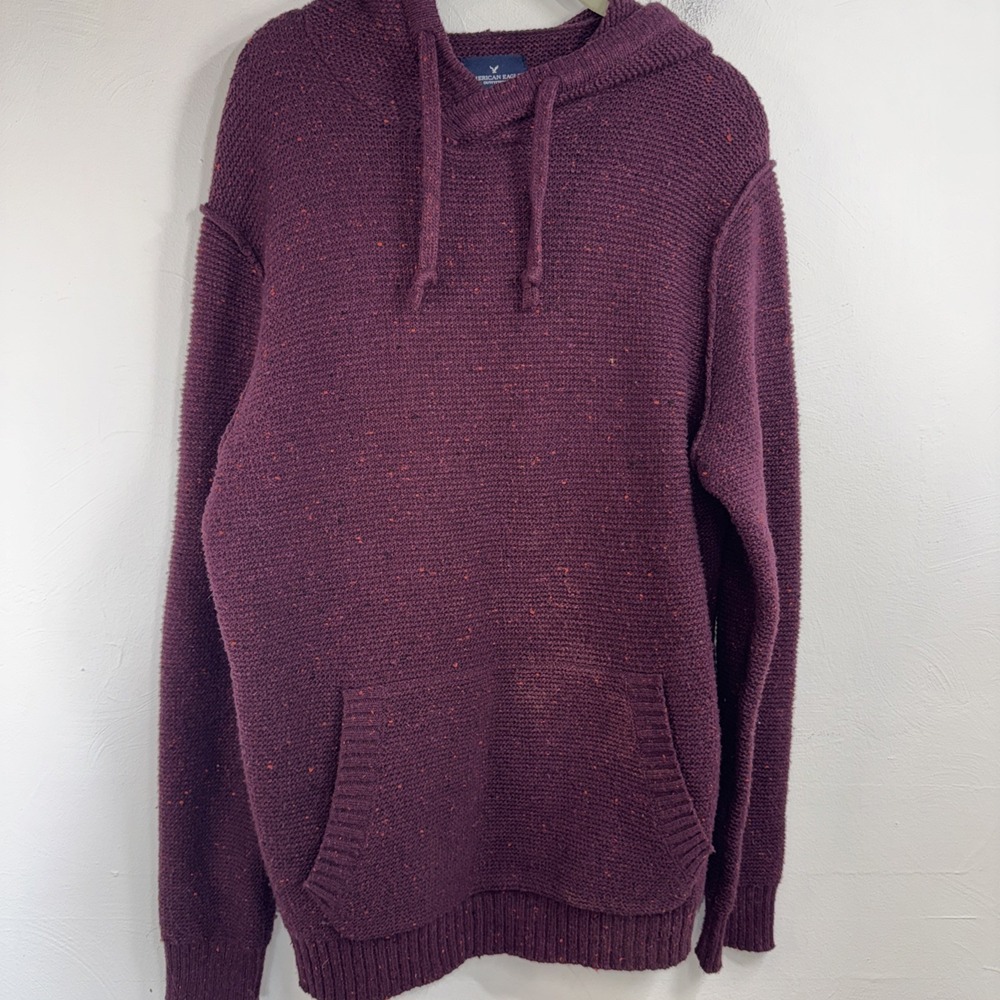 American Eagle Men's Baja Pullover Cable Knit Hoodie Sweater Maroon Size M